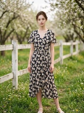 Floral Daisy Print Midi Dress in Black